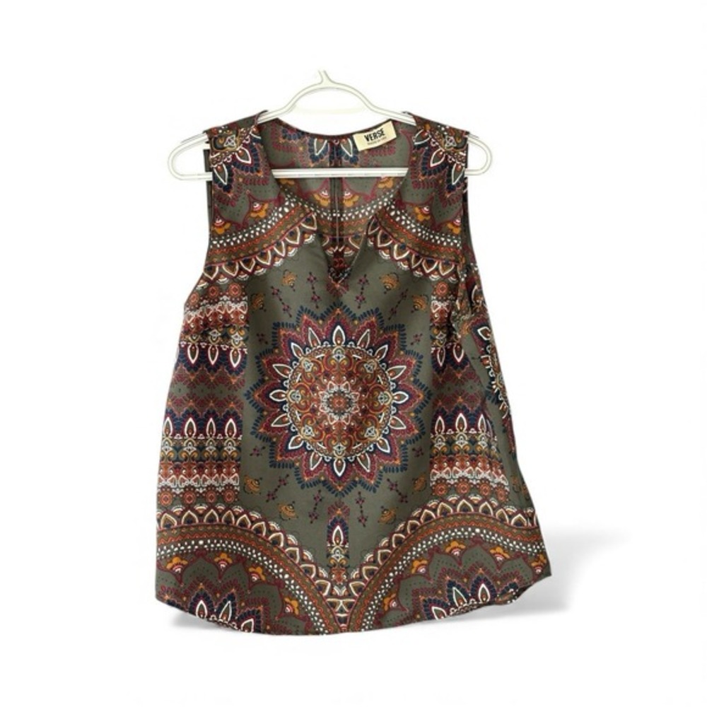 Verse‎ Womens Olive Green Mandala Paisley Print Sleeveless V-Neck Blouse L